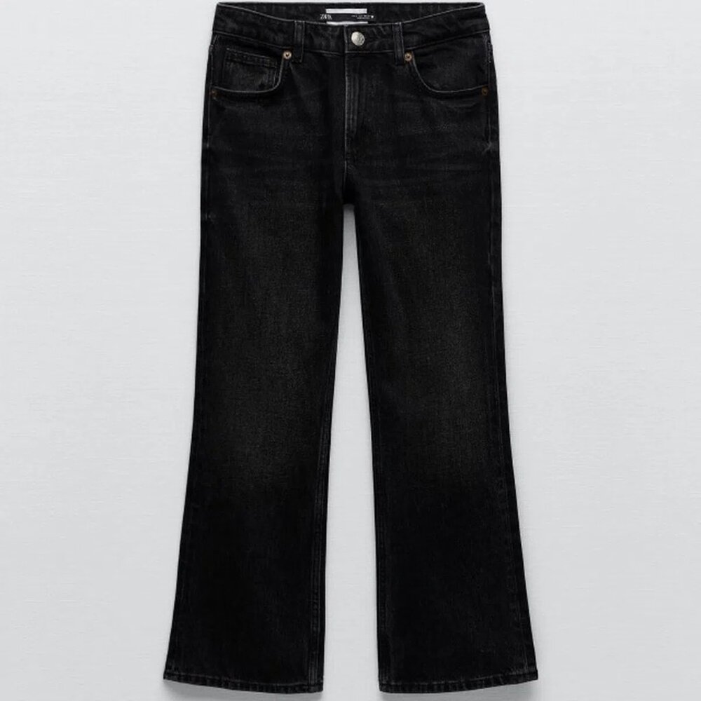 ZARA Black CROPPED FLARE JEANS DENIM HIGH RISE Straight Leg Flare hem NWT